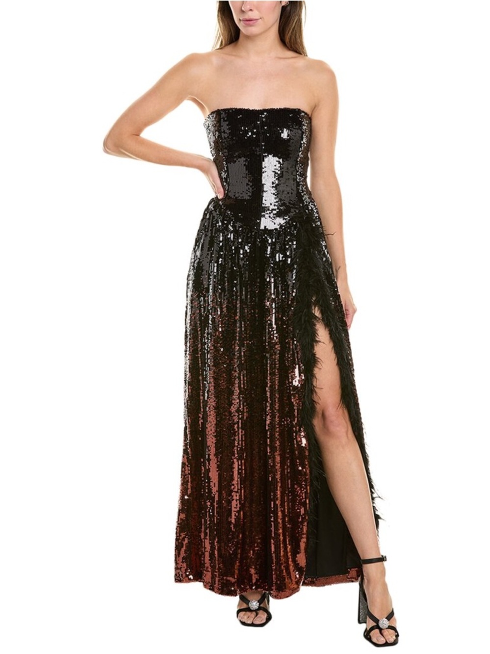 WeWoreWhat Black Corset Feather Strapless Sequin Gown with High Slit MSRP $198